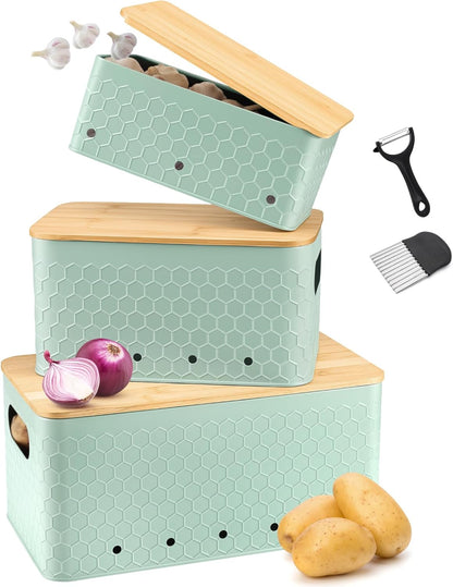 Kitchen Vegetable Storage Set of 3, Metal Onion Garlic Potato Storage Set, Kitchen Canisters Vegetable Keeper Containers with Aerating Holes and Bamboo Lid,Black