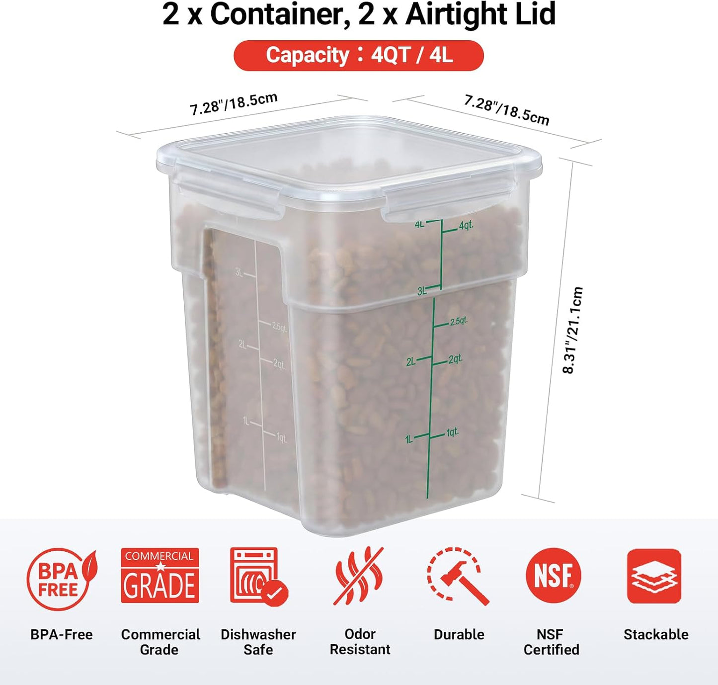 2 Pack 18 QT BPA-Free Translucent Polypropylene Airtight Food Storage Containers, Labeling Area, Stackable Bulk Storage for Flour, Rice, Sugar & Pet Food
