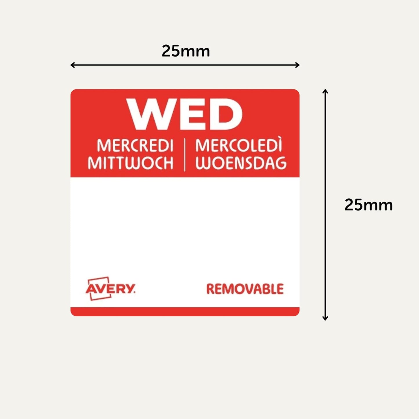 Avery Removable, Hand Writable, Food Day Labels, Wednesday, Strong Adhesive, 25 x 25 mm, Red, 1000 Labels, Preprinted Design (DLSWEDREV-1000)