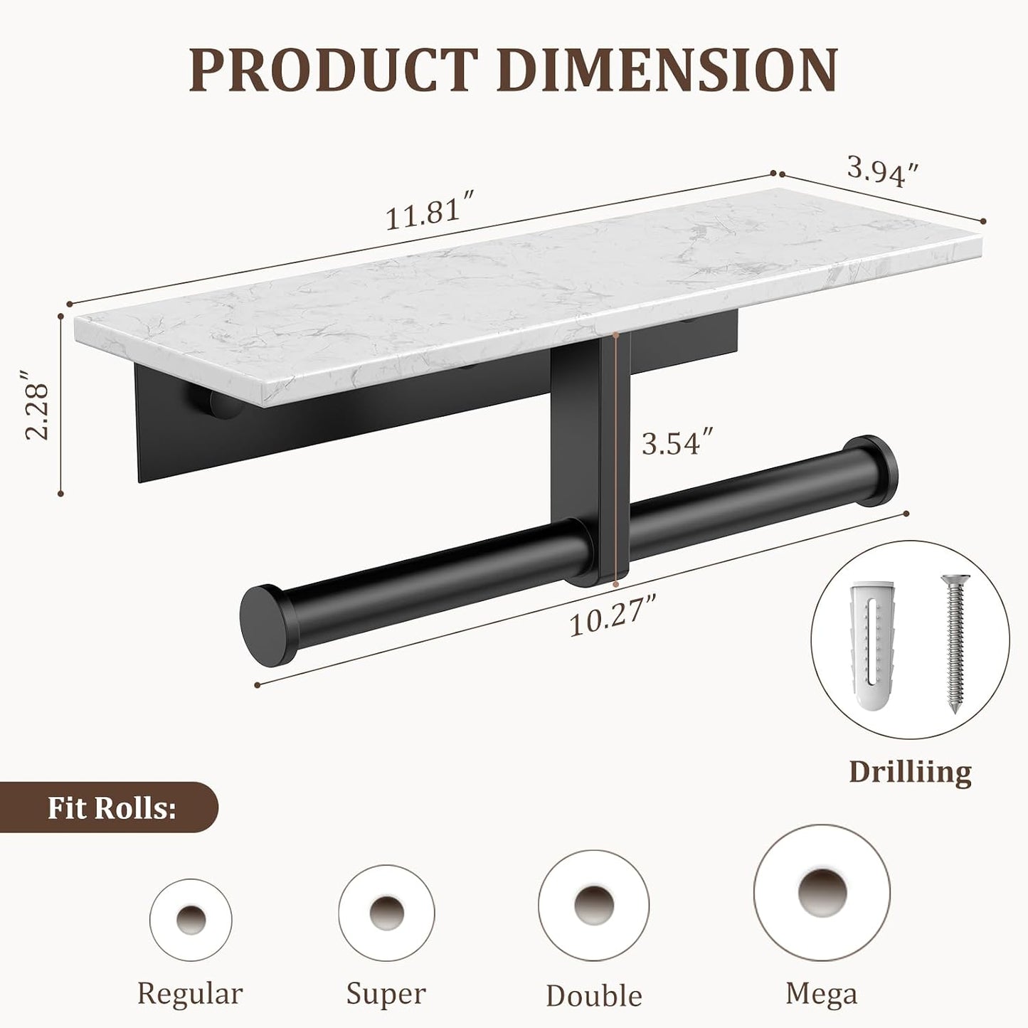 BWE Brushed Gold Toilet Paper Holder with Marble Shelf Wall Mounted | Toilet Paper Roll Holder with Phone Shelf 304 Stainless Steel Tissue Holder for Bathroom Washroom,Saving Space