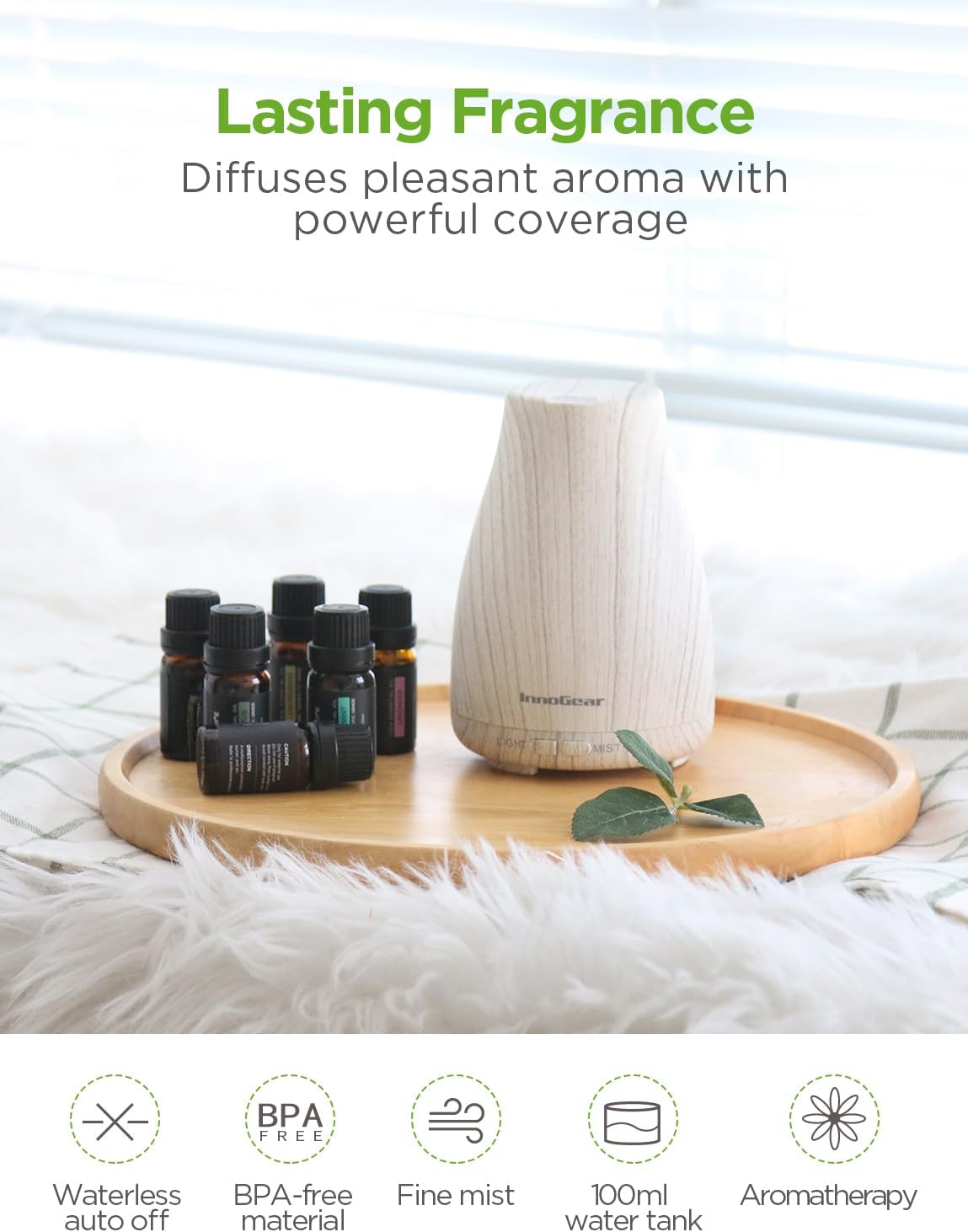 InnoGear Essential Oil Diffuser with Oils, 100ml Aromatherapy Diffuser with 6 Essential Oils Set, Aroma Cool Mist Humidifier Gift Set, Dark Wood Grain