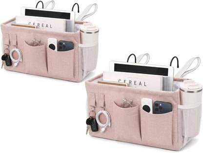 1pc Bedside Caddy Organizer with Hooks, No-Sagging Canvas Hanging Bed Pocket with Water Bottle Holder, Bedside Storage for Dorm Room Essentials, Bunk Bed Accessories, Hospital Bed Rails & Crib (pink)