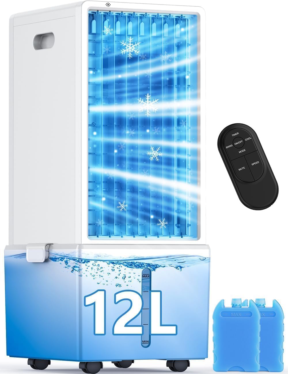 Portable Air Conditioners 4 Modes&3 Speeds,4 Ice Packs, Waterless Alert System, 12H Timer, Remote,1 Gal Detachable Water Tank, 70°Oscillation Windowless Evaporative Air Cooler for Room Office