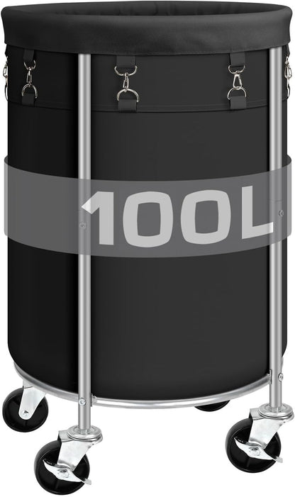 100L Round Rolling Laundry Hamper Basket with Wheels, Grey | Laundry Sorter Cart with Removable Bag, Clothes Organizer, Metal Frame, Bedroom, Bathroom, Laundry Room, Dorm Use