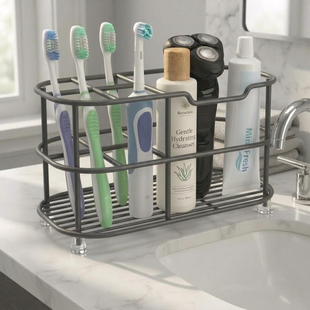 Bathway Toothbrush Holder for Bathroom, 6.9"L x 3.4"W x 4"H, Matte Black, L | Waterproof, Rust-Proof, More Durable, Multifunctional, Large-Capacity, Non-Slip, Anti-Tip, Self-Draining, Stylish Appearance