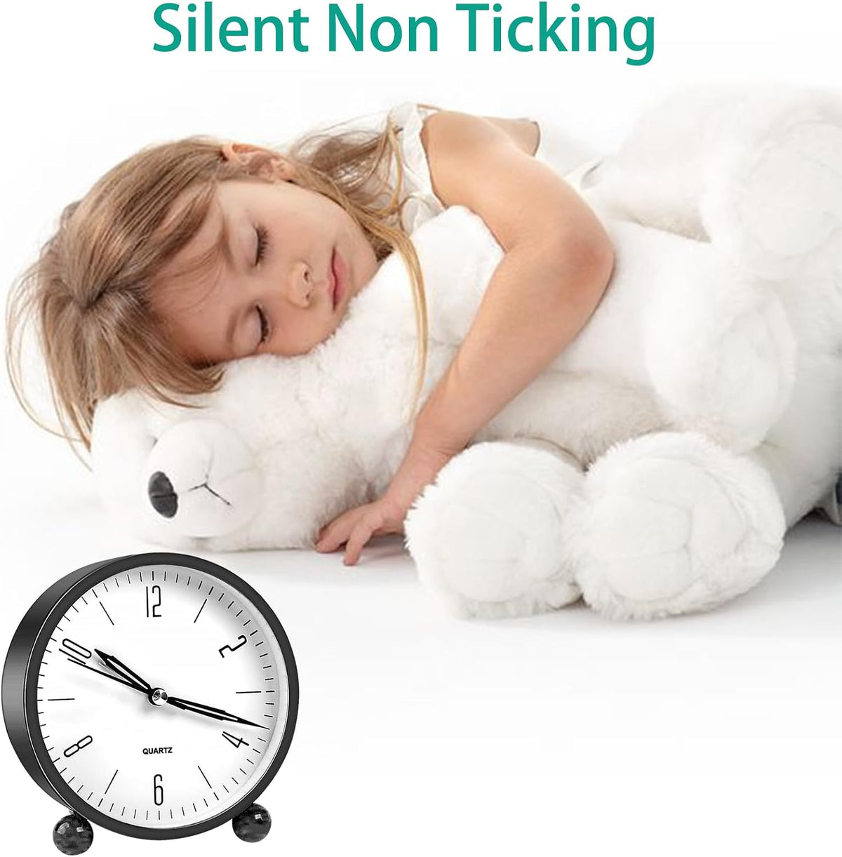 pxy Loud Alarm Clock for Heavy Sleepers 3D Dial Battery Operated (Battery Include), 4" Super Silent Analog Alarm Clock for Kids with Night Light PT260 Silver OrangePT505 Green White
