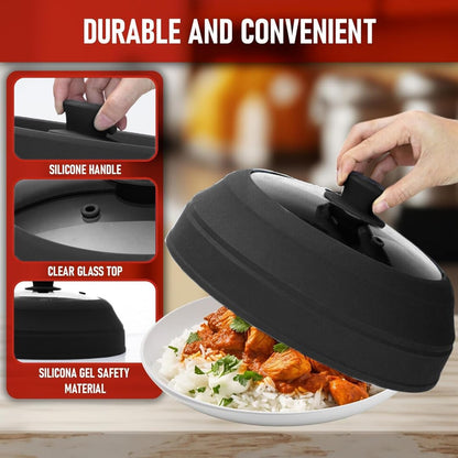 Microwave Splatter Cover Glass for Food - Large 10.8" Tempered Glass & Silicone Lid, Heat Resistant, Splatter Guard with Easy-Grip Handle