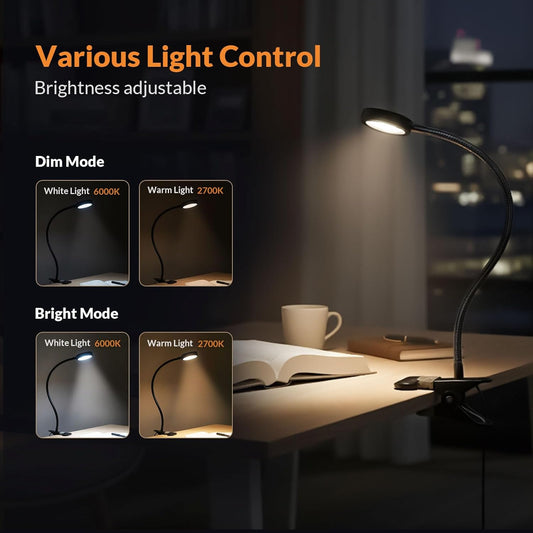 LEPOWER Clip on Light, Book Reading Lamp for Desk, Bed Headboard and Dorm | Adjustable Gooseneck, Color & Brightness Changeable, Adapter Included, LED Table Lamp for Computer, Bedside, Metal, White
