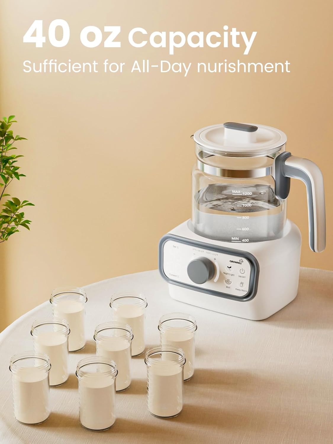 GROWNSY Baby Instant Warmer & Glass Water Boiler with LCD Display and Timer | Accurate Temperature Control for Formula, Coffee and Tea, 1.2 Liter Electric Kettle,Water Warmer for Baby Formula