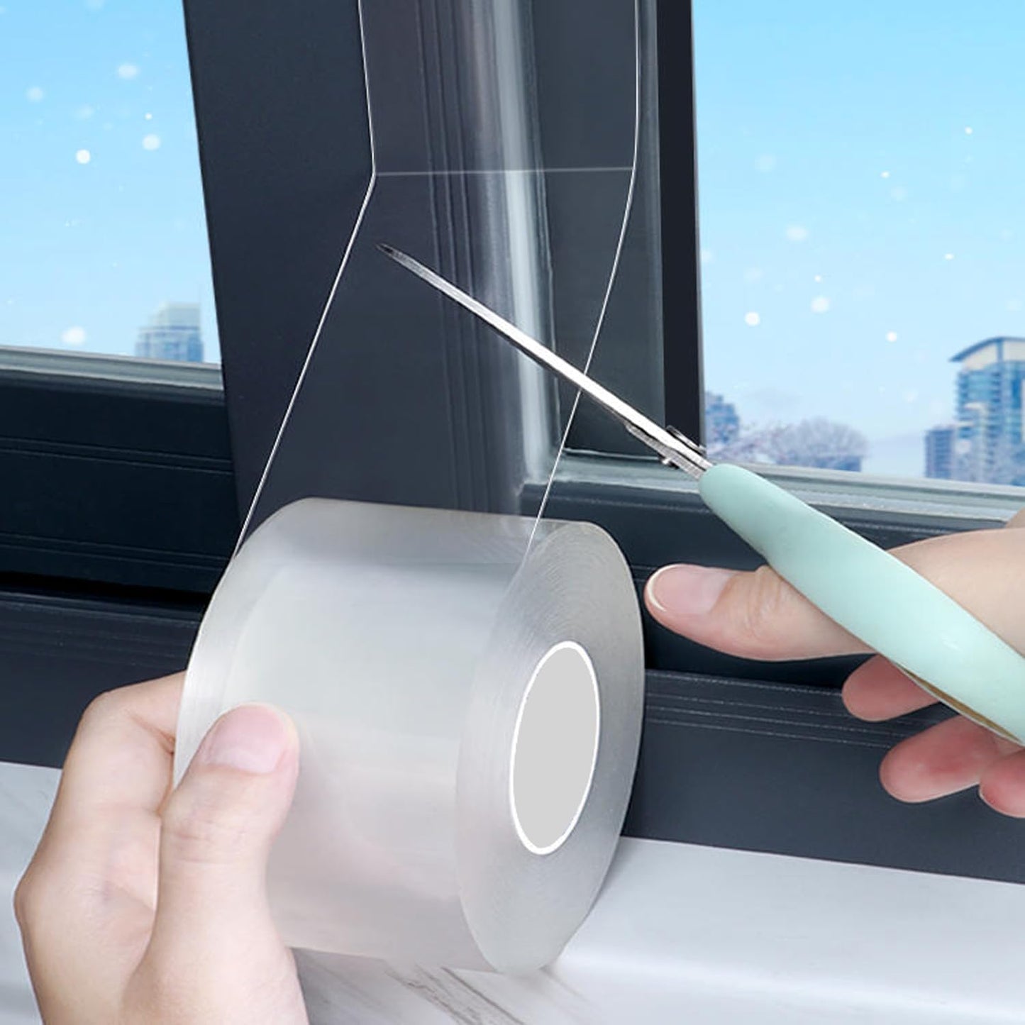 Qoqooice Transparent Window Weather Sealing Tape 2 Inch x 33 FT Weather Stripping Residue-Free Clear Window Insulation Tape for Doors Windows and Shower Glass Gaps