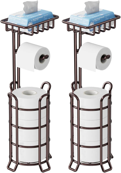 TomCare Toilet Paper Holder Free Standing with Shelf, Stable 4 Raised Feet | Stores 4 Mega Rolls, Tool-Free Assembly, Powder-Coated Metal Frame, Bathroom Storage Organizer for Spare Rolls, Silver