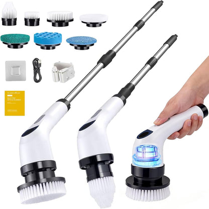 Electric Spin Scrubber for Cleaning with 7 Replaceable Heads | Adjustable Shower Brush with LED Display, 2 Speed Waterproof Cordless Shower Scrubber for Bathtub, Kitchen, Car, White