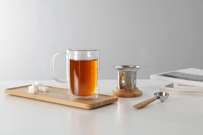 VIVA Minima Balance Glass Infuser Tea Cup - 17 oz / 500 ml Mug with Stainless Steel Infusion Mesh and Bamboo Wood Lid