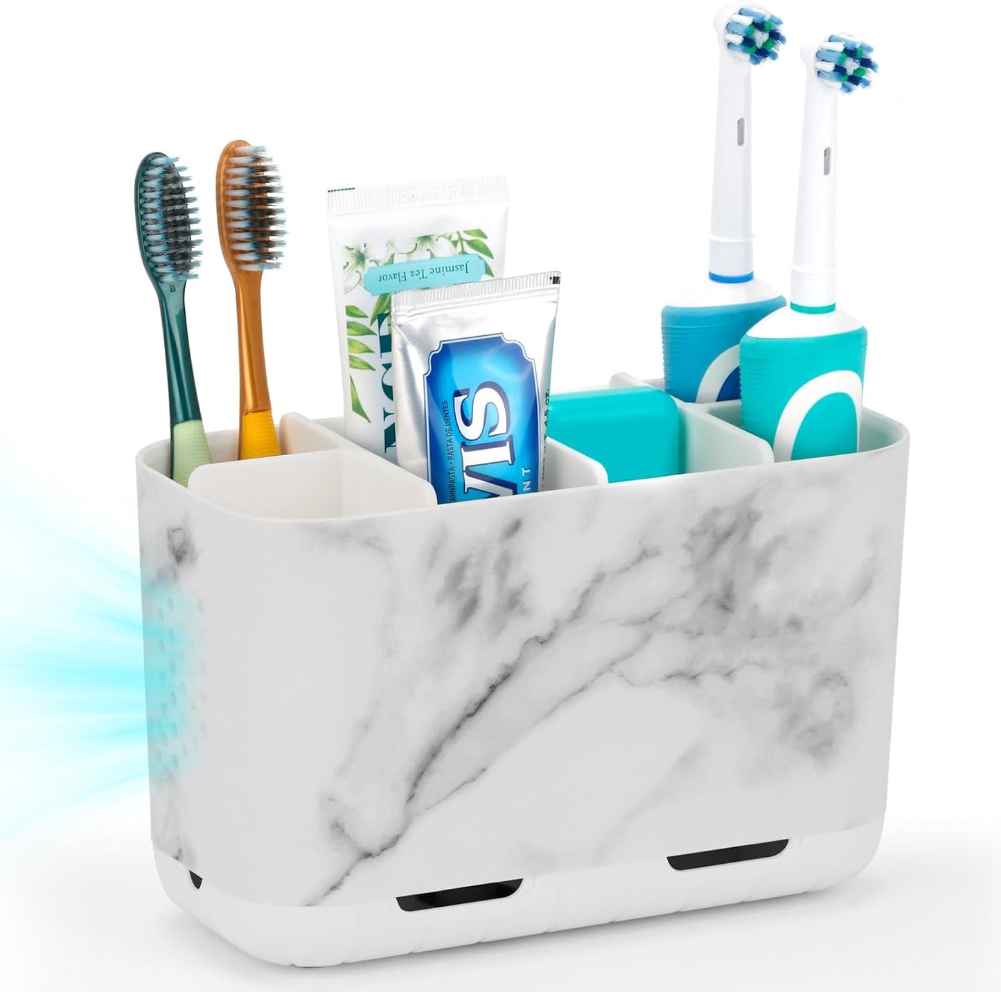 Boperzi Toothbrush and Toothpaste Holder Drainage for Bathroom Countertop with Adjustable Dividers, Large Toothpaste Caddy Organizer Storage Rustic Decor Set Anti-Slip for Shower,Family,Kids Gray