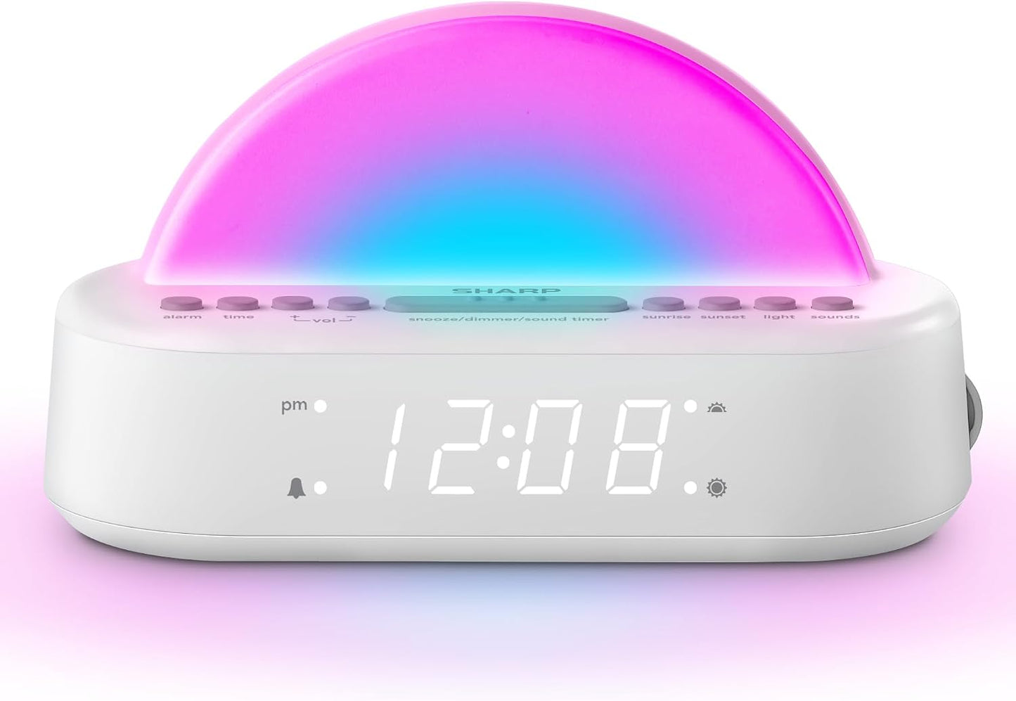 SHARP Sunrise Alarm Clock with Wake-Up Light, Sleep Sounds and Night Light | Sunrise wake light; Sunset sleep timer; 5 sleep sounds; 8-color night light; Dimmer; Snooze; Battery backup