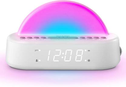 SHARP Sunrise Alarm Clock with Wake-Up Light, Sleep Sounds and Night Light | Sunrise wake light; Sunset sleep timer; 5 sleep sounds; 8-color night light; Dimmer; Snooze; Battery backup