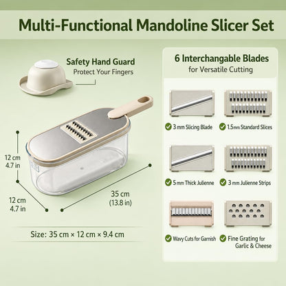 Multifunctional Vegetable Slicer Grater with 6 Blades, Cheese Grater Hand Crank,Hand Guard & Storage Container, Drain Basket, Kitchen Chopping Shredder for Potato Carrot Cheese
