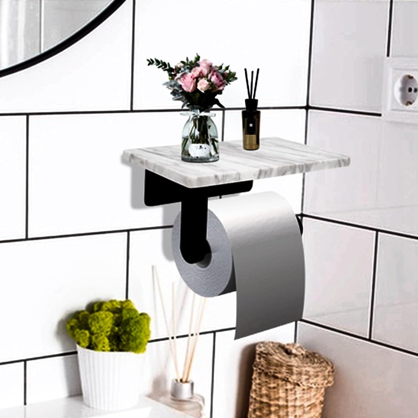 Toilet Paper Holder with Natural Marble Shelf for Bathroom Washroom,Wall Mounted Tissue Holder Suitable for Mega Roll (Brushed Nickel,Small 6.7 * 4.3 in)