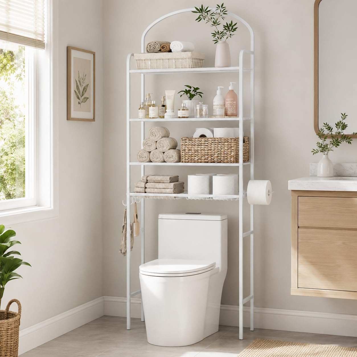 3 Tier Over The Toilet Storage Rack, Bathroom Organizer | Toilet Storage with 4 Hooks & Paper Holder, Space-Saving, Freestanding Bathroom Shelf, Metal, White