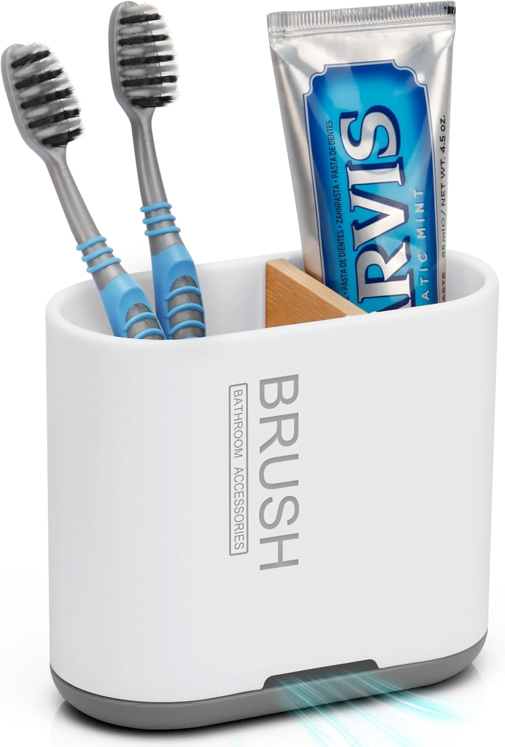 Bamboo Toothbrush Holder for Bathrooms Toothpaste Organizer, Small, White | 2 Slots, Easy to Clean, Plastic, Kids Electric Toothbrush, Drainage, Removable, For Bathroom, Vanity, Kitchen Sink, Office