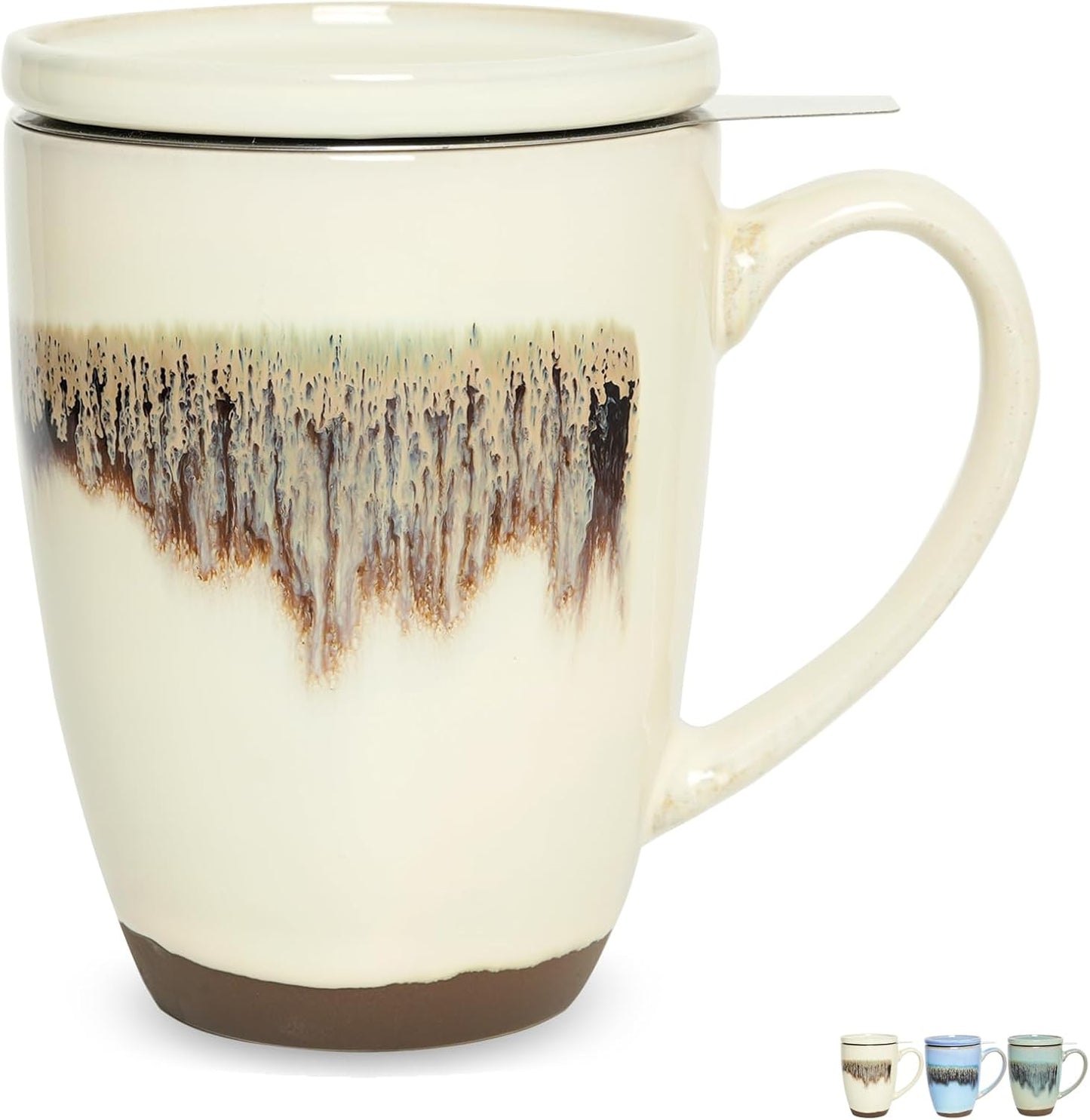 Bosmarlin Ceramic Tea Cup with Infuser and Lid, 13.5 Oz, Loose Leaf Tea Steeper Mug with Strainer, Microwave and Dishwasher Safe, Reactive Glaze (13.5 Oz, Pale Green)