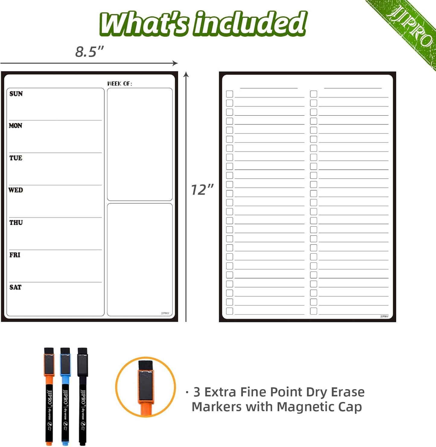 JJPRO Non-Magnetic Dry Erase Weekly Calendar for Fridge, Reusable Weekly Planner and to Do List Whiteboard Bundle -Starts Sunday,8.5"x12" Reusable Calendars Stick to Fridge,Wall, All Smooth Surfaces