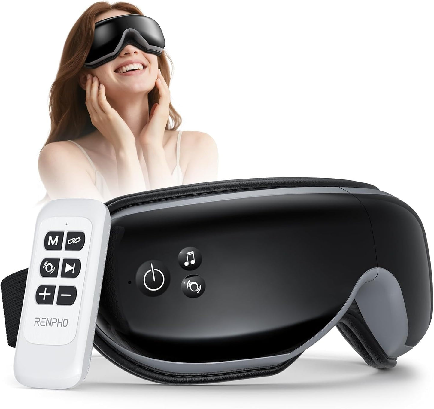 RENPHO Eyeris 1 Eye Massager with Heat, Sleep Mask with Remote Control | Vibration & Compression for Eye Strain and Head Tension, Bluetooth Music, FSA Eligible HSA, Black