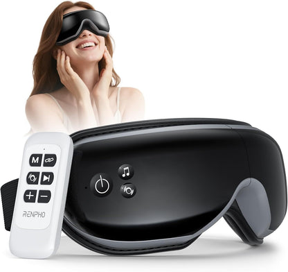 RENPHO Eyeris 1 Eye Massager with Heat, Sleep Mask with Remote Control | Vibration & Compression for Eye Strain and Head Tension, Bluetooth Music, FSA Eligible HSA, Black