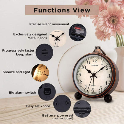 Peakeep 4" Small Battery Operated Antique Retro Analog Alarm Clock | with Contour Lines in Gold for Room Decor, Silent Elegant Bedside Desk Table Gift Clock