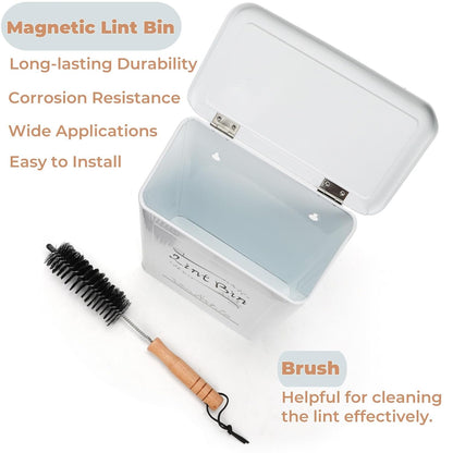 Tlence Magnetic Lint Bin for Laundry Room, Wall Mounted Dryer Lint Trash Can with Brush and Lid for Dryer, Space Saving Metal Lint Basket for Laundry Room Decor
