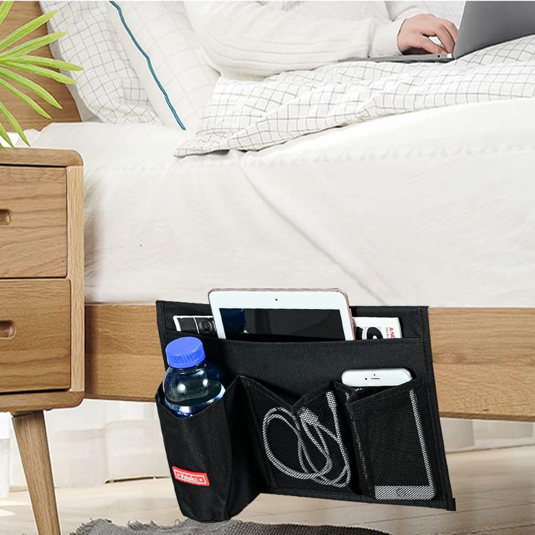 Bedside Caddy,Bedside Organizer Caddy Under Mattress,Holds Magazines,Books (4 Pockets-Grey)