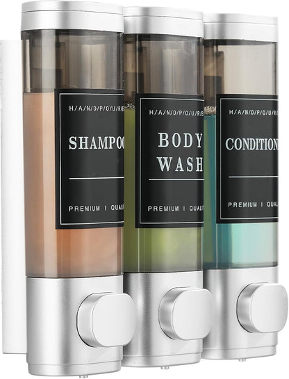 Shampoo and Conditioner Dispenser, Shower Soap Dispenser Wall Mounted, Shampoo Dispenser for Shower Wall No Drill, Bathroom Body Wash Dispenser 3 * 350ml Silver 3 Chamber