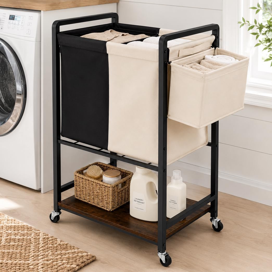 Rolling Laundry Sorter Cart with 2 Removable Bags, Double Laundry Hamper with Wheels, Side Storage Basket and Bottom Shelf, Black and Beige