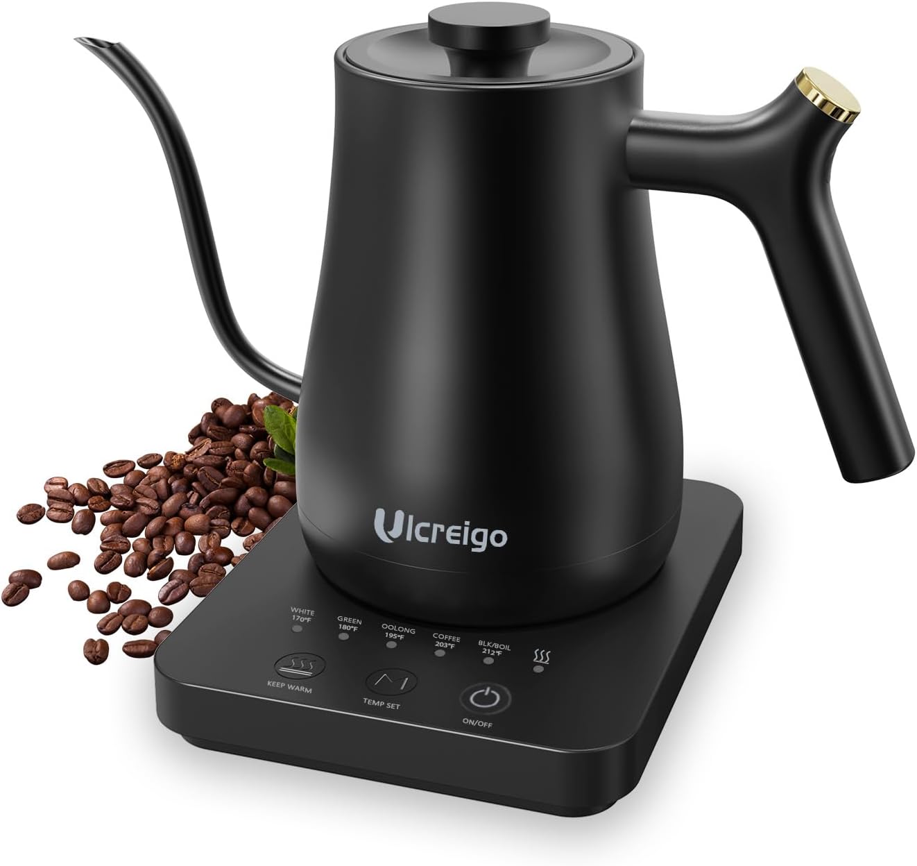 Gooseneck Electric Kettle,Ulcreigo Electric Kettle Temperature Control Tea Kettles for Boiling Water with 5 Variable Presets,Hot Water Boiler Heater for Coffee,304 Stainless Steel Black Color
