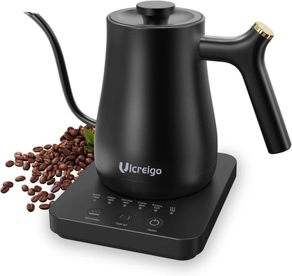 Gooseneck Electric Kettle,Ulcreigo Electric Kettle Temperature Control Tea Kettles for Boiling Water with 5 Variable Presets,Hot Water Boiler Heater for Coffee,304 Stainless Steel Black Color