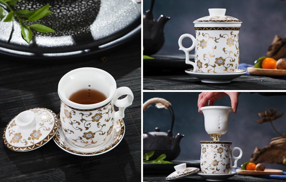 Porcelain Tea Cup with Infuser Lid and Saucer Sets - Chinese Jingdezhen Ceramics Coffee Mug Teacup Loose Leaf Tea Brewing System for Home Office