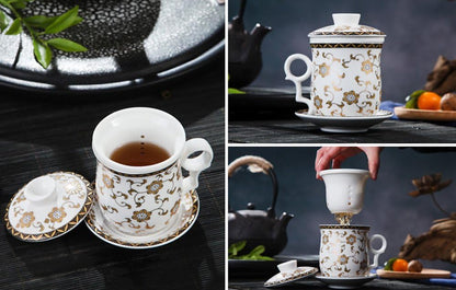 Porcelain Tea Cup with Infuser Lid and Saucer Sets - Chinese Jingdezhen Ceramics Coffee Mug Teacup Loose Leaf Tea Brewing System for Home Office