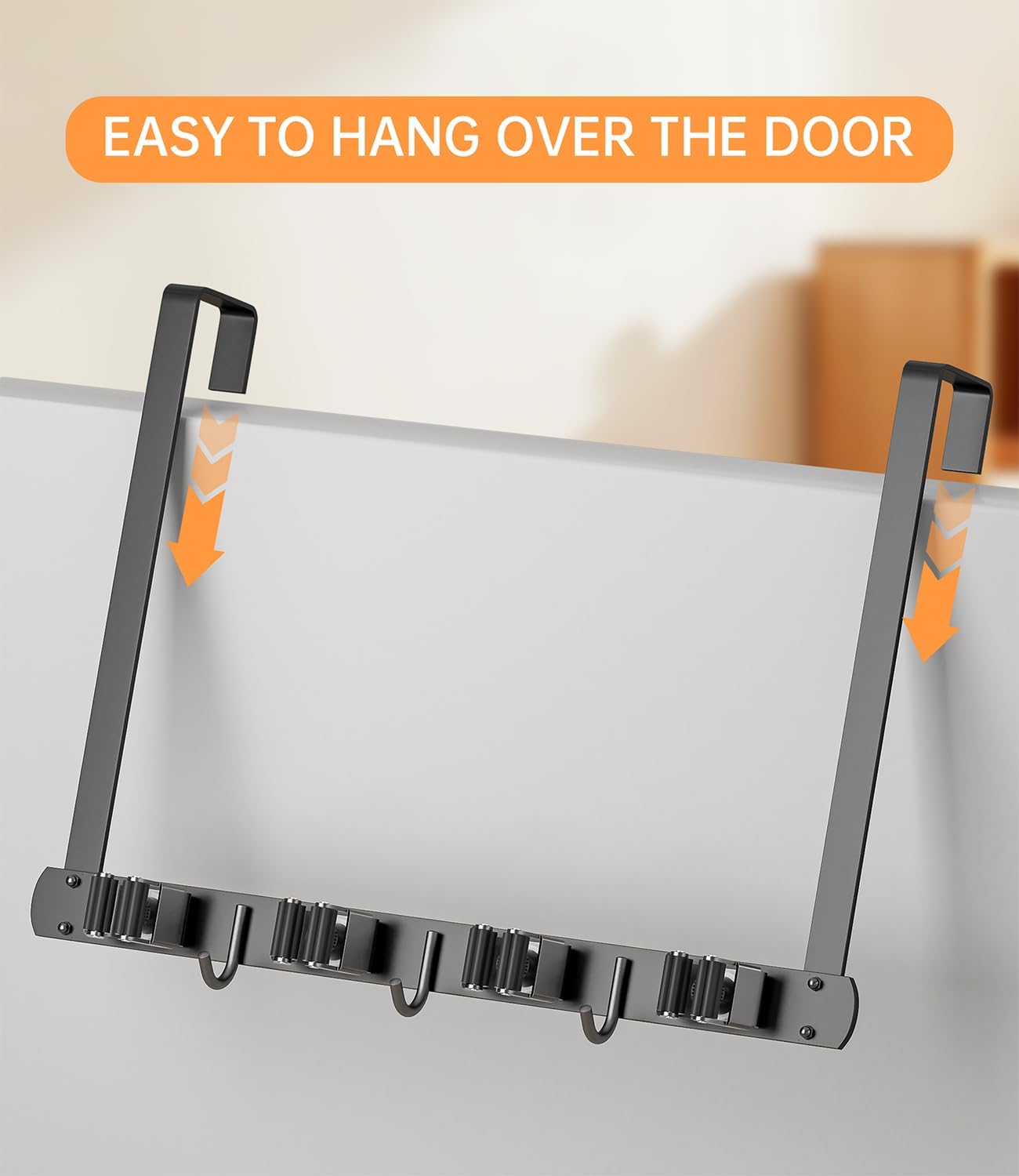 Broom Holder Over The Door with Hooks -304 Stainless Steel (Black) | Save Space, Anti-Rust & Sturdy, Mop and Broom Holder Wall Mounted or Hanging Over The Door, for Garage Laundry Kitchen