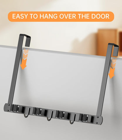 Broom Holder Over The Door with Hooks -304 Stainless Steel (Black) | Save Space, Anti-Rust & Sturdy, Mop and Broom Holder Wall Mounted or Hanging Over The Door, for Garage Laundry Kitchen