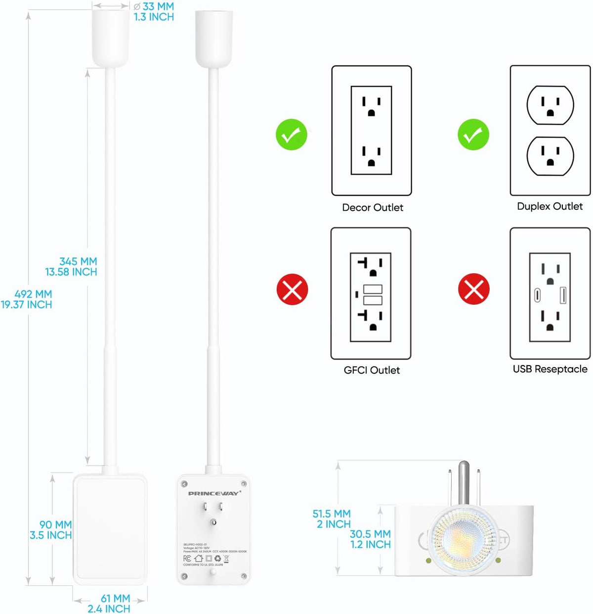 Plug in LED Book Reading Spot Light, White Dimmable Wall Sconce Lamp with Power Plug and Outlet Extender for Kitchen Bedroom Living Room, 3 Lighting Colors, USB Output Charging Ports