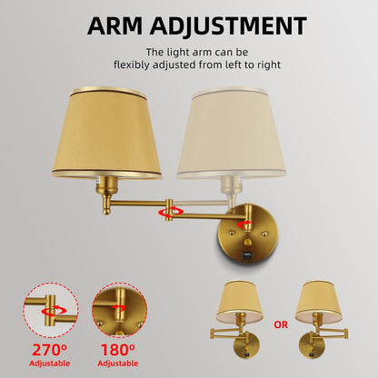 Swing Arm Wall Lamp Plug in Wall Sconces Adjustable Vintage Industrial Reading Light Bedside Wall Mount Light with Dimmable Switch and USB Port Black