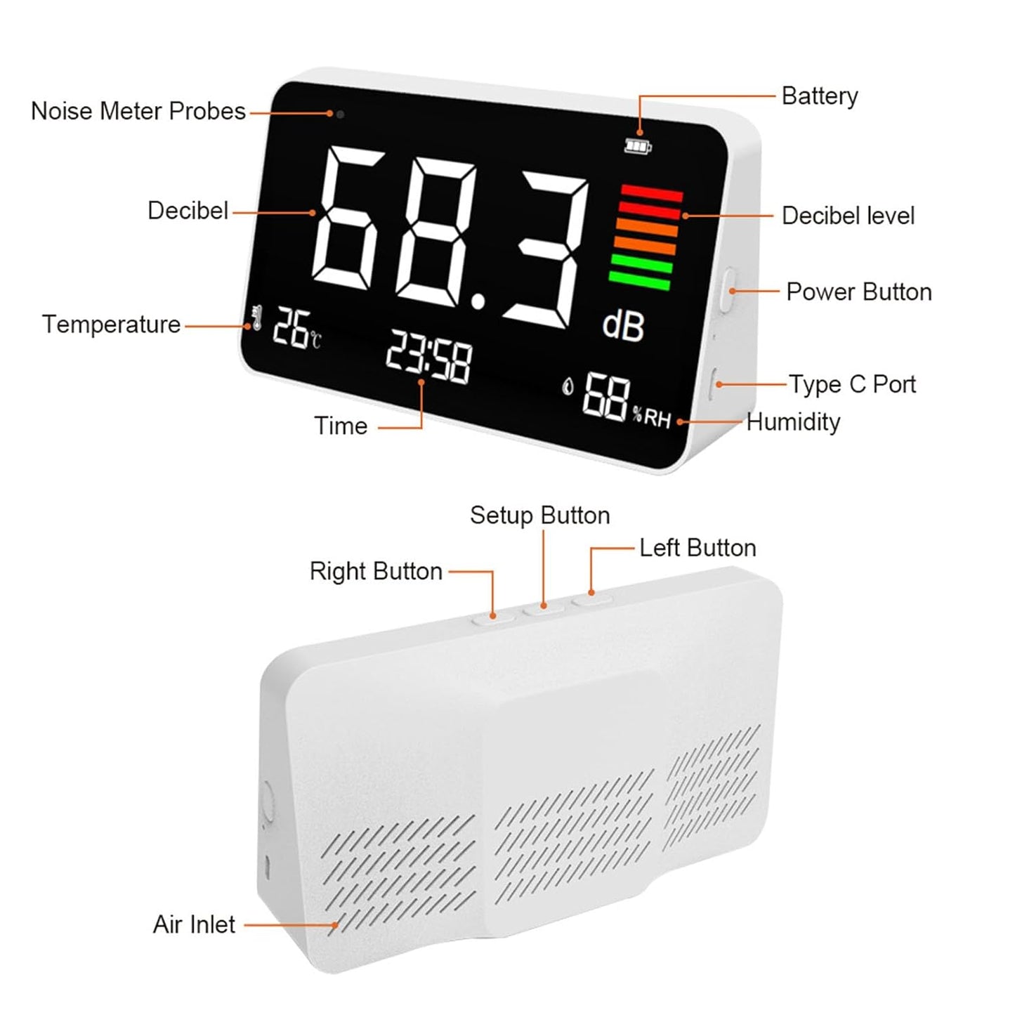 Digital Sound Level Meter 30-130dBA with Temperature Humidity Detection for Home School Library Desktop DM219N