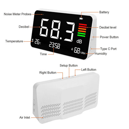 Digital Sound Level Meter 30-130dBA with Temperature Humidity Detection for Home School Library Desktop DM219N