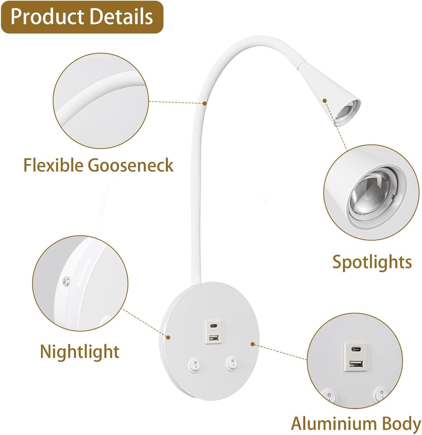 Book Lights for Reading at Night, LED Wall Mounted Reading Light, Flexible Gooseneck Wall Lamps for Bedroom, Plug in Wall Lights with USB Charging, Bedside Wall Sconces Focused Bed Lamp (Black)