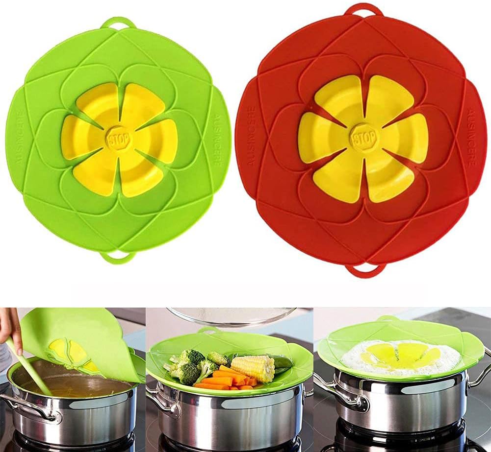 2 Pack Silicone Spill Stopper Lid, 10.2" Boil Over Safeguard, Splatter Guard Cover for Pots Pans, Food Grade Silicone Multi-Function Kitchen Tool, BPA Free Microwave Dishwasher Safe