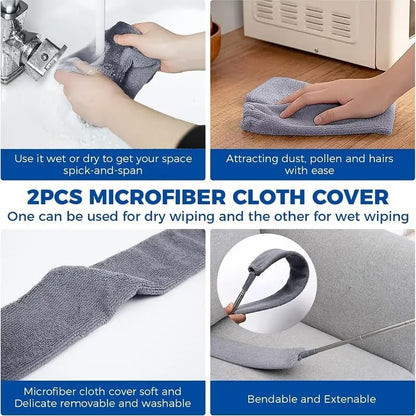 Boolavard Retractable Gap Dust Cleaner Cleaning Tools with 2 Microfiber Dusting Cloths Long Handle 60inches Washable and Retractable Duster Brush for Cleaning Under Appliances Furniture Couch Fridge