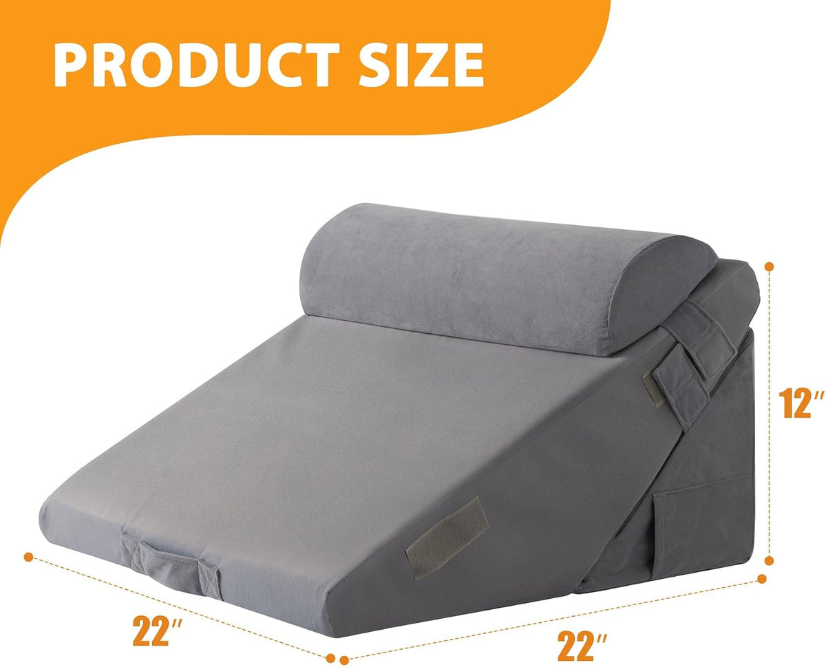 Ruqmuis Wedge Pillow Set for After Surgery, 3PCS Adjustable 9&12 Inch Bed Wedge Pillow for Sleeping, Incline Pillow Wedge for Headboard, Post Surgery, Acid Reflux, Neck&Back Support, White/Grey