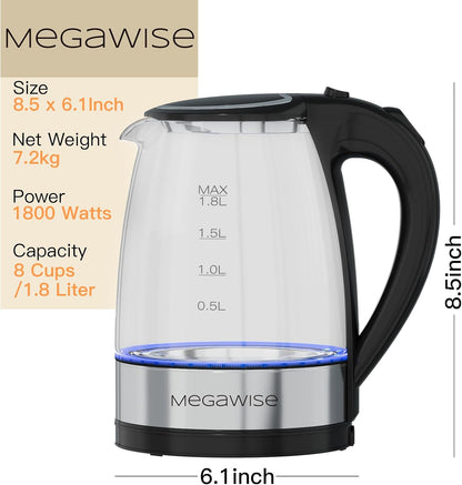 MEGAWISE 1.8L Healthy Electric Kettle, 1800W Borosilicate Glass Tea Kettle with Food Grade Material, Auto Shut-Off and Boil-Dry Protection Cordless Kettle Fast Boiling, BPA Free
