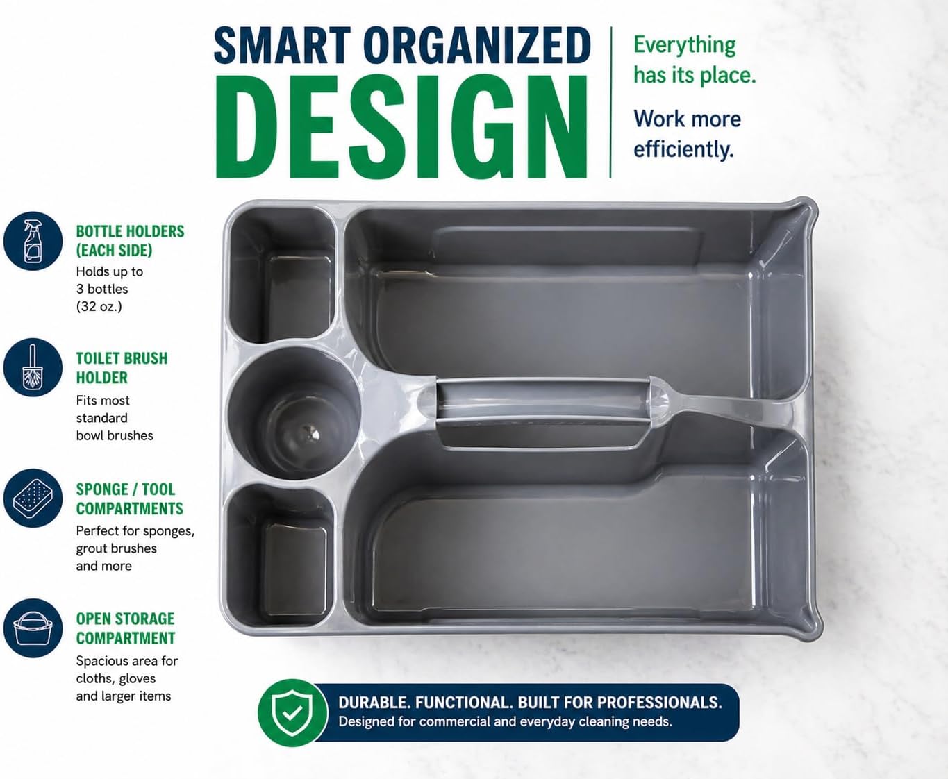 Libman Maid Caddy Cleaning Organizer, Heavy-Duty Janitorial Carry Caddy with Bottle Holders, Toilet Brush Holder & Tool Compartments, Commercial Cleaning Supply Tote