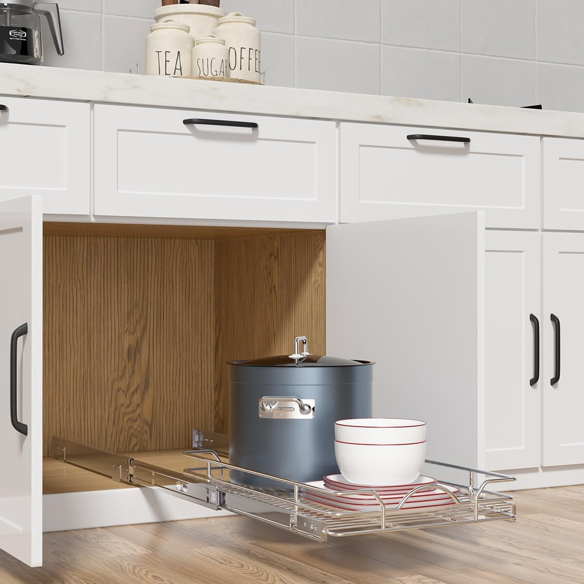 OCG Pull Out Cabinet Organizer 2 Pack (15" W x 21" D), Pull out Shelves 1 Tier, Cabinet Slide Out Shelves for Base Cabinet Organization in Kitchen Bathroom Pantry, Bottom Mount, Chrome Finish